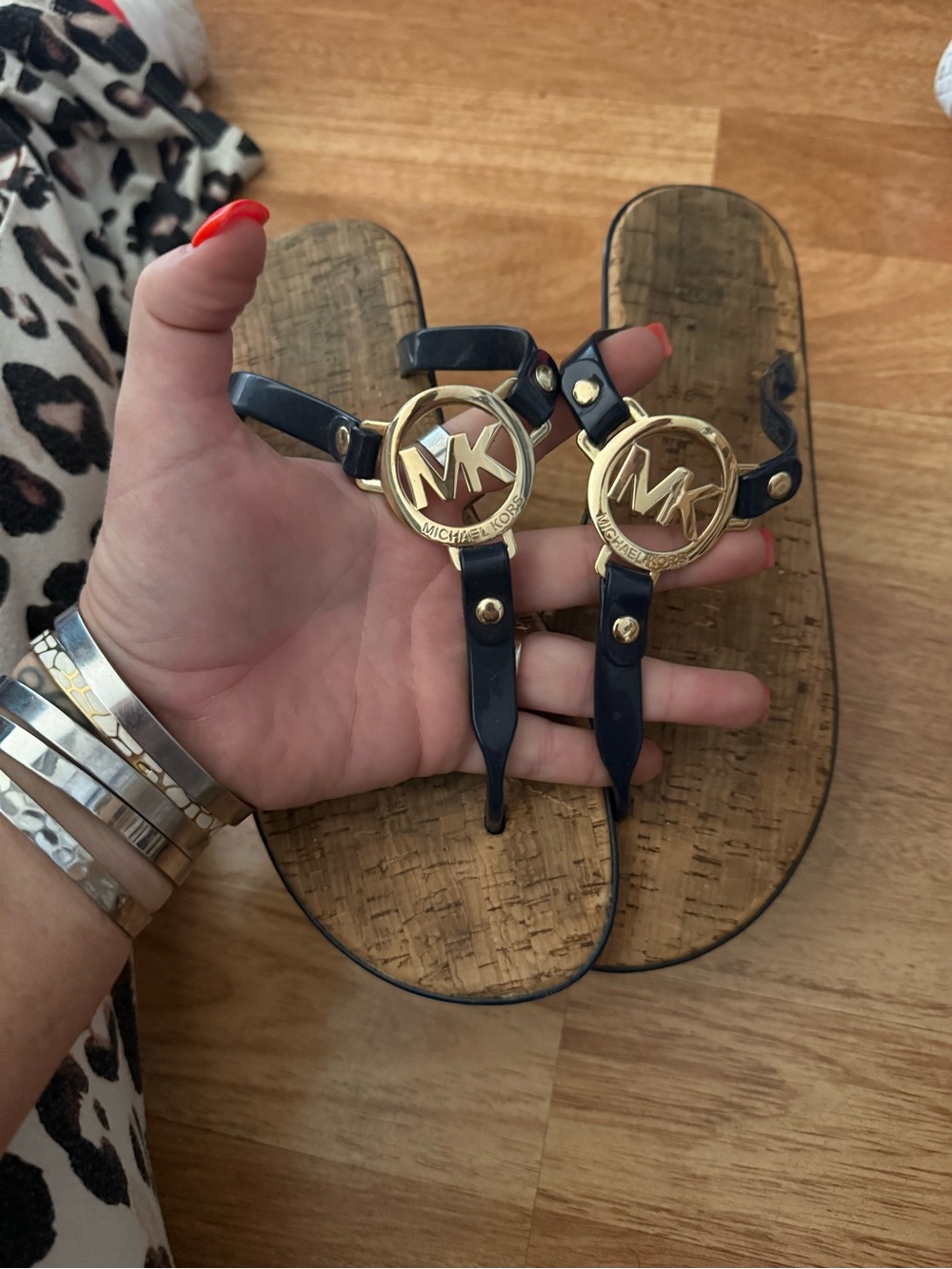 Michael Kors Navy Gold Logo Thong Sandals